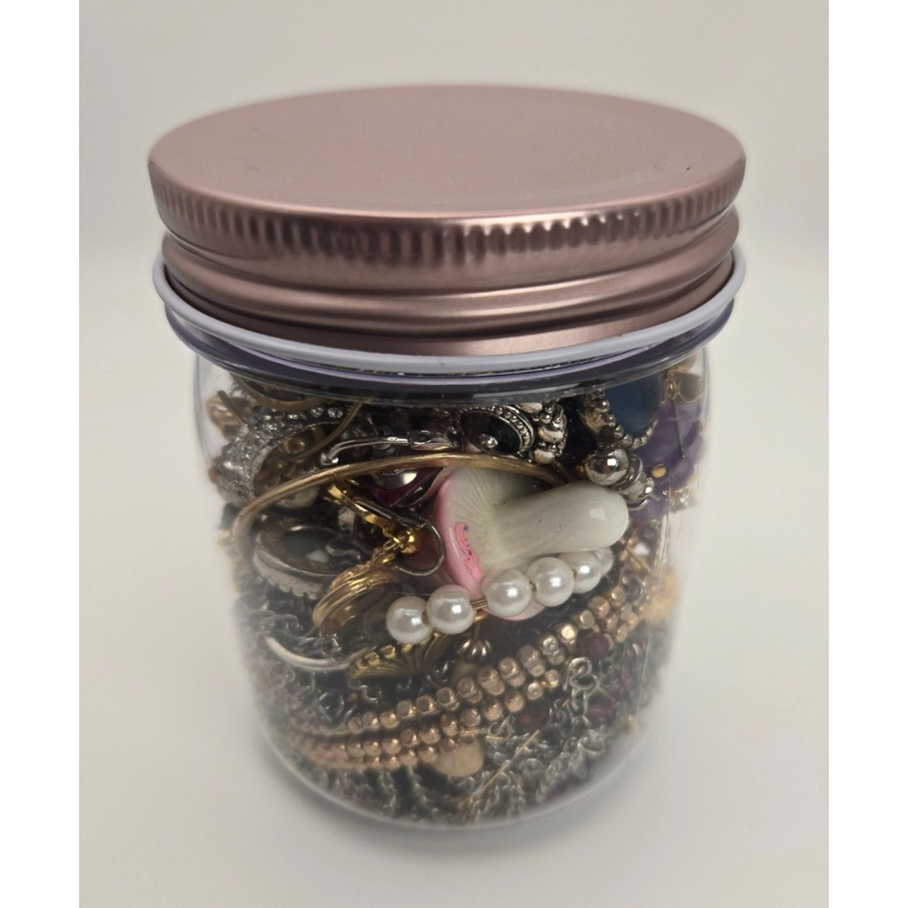 Mystery Vintage Modern Mixed Jewelry Jar 12.2 oz Includes Brooches and Rings!